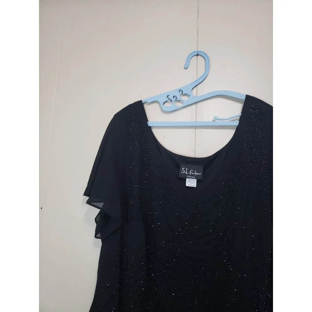 VTG S.L. Fashions Womens Plus 24W Midi Dress Black Beaded Popover Georgette NWT - Picture 4 of 7